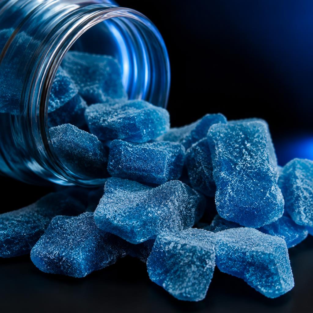 Close-up of blue PRIME MAN style gummies