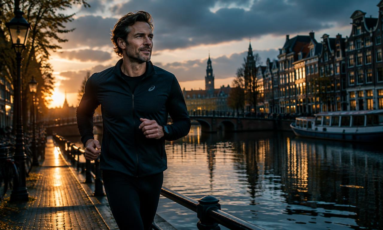 Active man running along an Amsterdam canal